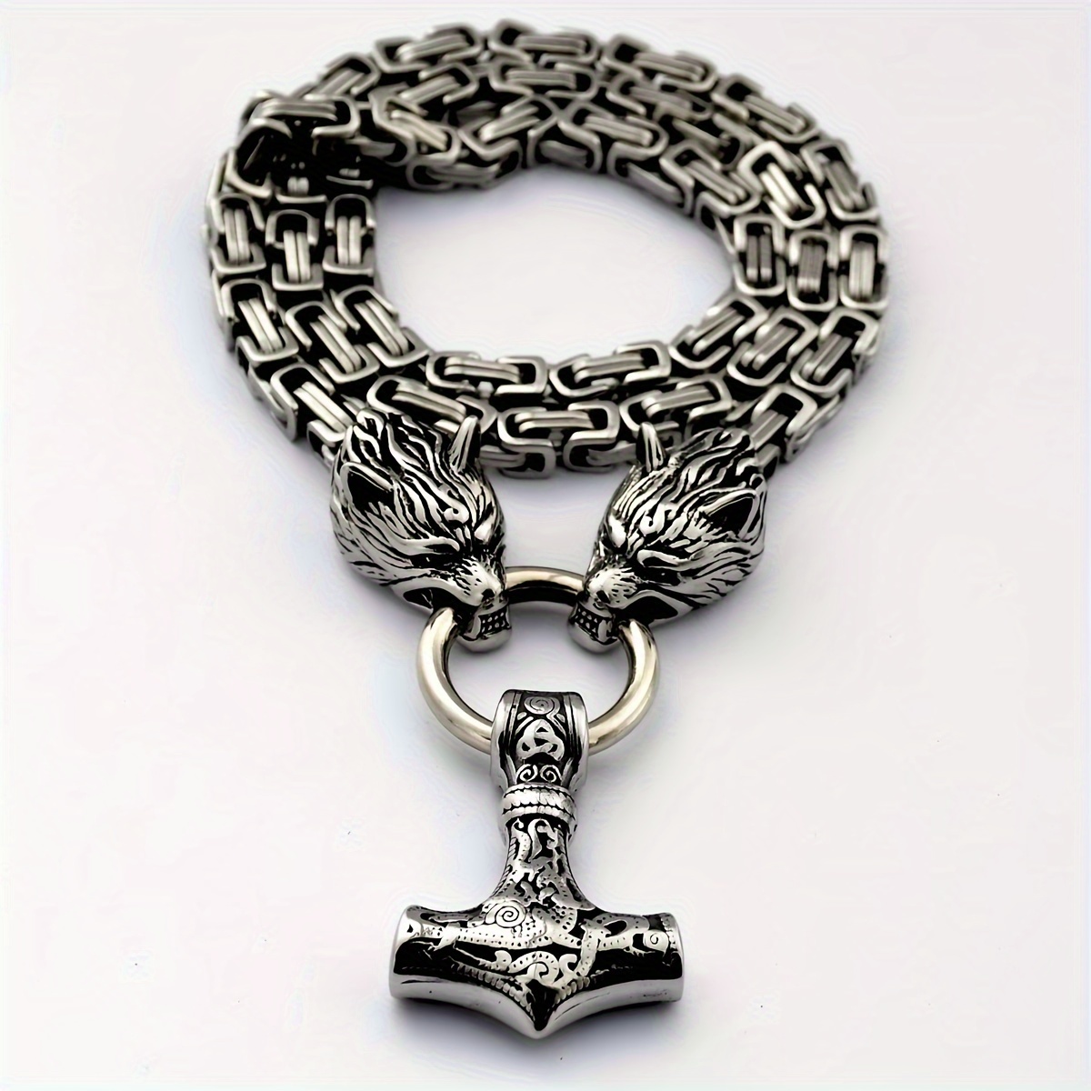 Men's Viking Wolf Head Hammer Pendant Necklace Punk Style Animal Theme